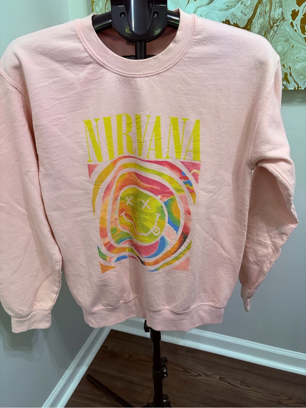 Gildan Pink Nirvana Crewneck with Multicolor Retro Smiley Graphic